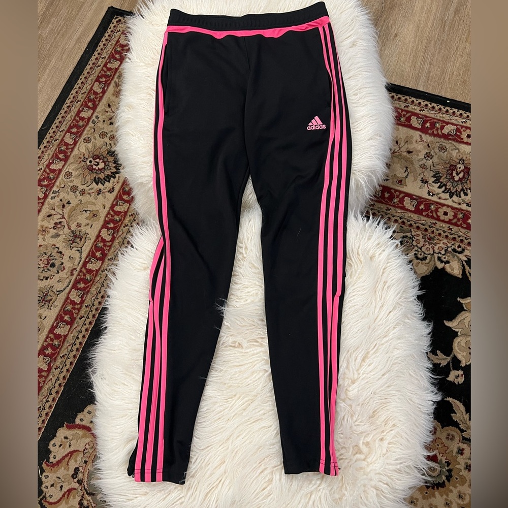 Black Adidas Track Pants With Pink Stripes